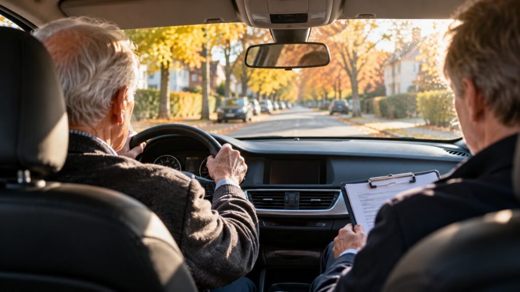 Demenz und Fahreignung: älterer Fahrer bei der Fahrverhaltensprobe, daneben der Prüfer mit Klemmbrett