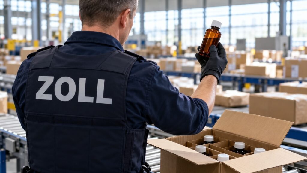 Dihydrocodein im Versandkarton: Zollbeamter von hinten hält in einer Paketverteilhalle eine braune Apothekenflasche gegen das Hallenlicht
