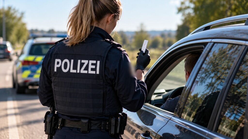 Drogenfahrt: Polizeibeamtin prüft am offenen Fahrerfenster eine Speicheltest-Kassette an einer Kontrollstelle