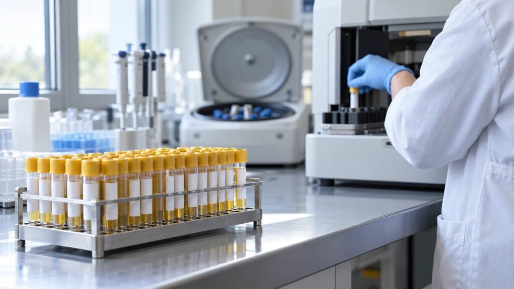 Drogenscreening im Labor: eine Mitarbeiterin im Kittel setzt Probenröhrchen in ein Analysegerät, helles Tageslicht