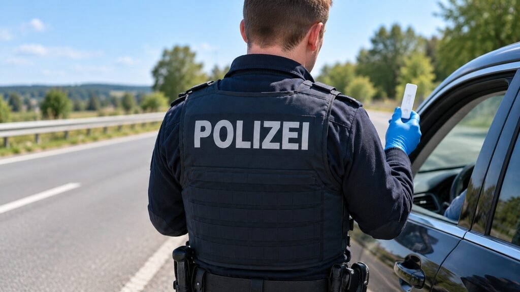 Drogenvortest an der Kontrollstelle: Polizeibeamter von hinten in dunkelblauer Einsatzweste mit Aufschrift POLIZEI hält eine Testkassette neben einem angehaltenen Fahrzeug