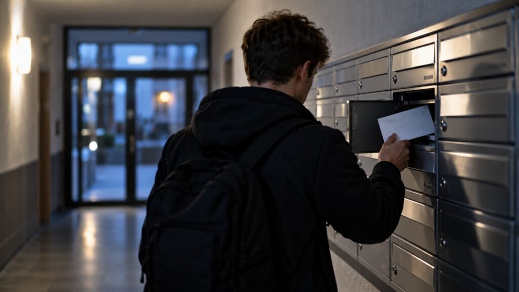 Drop-Adresse: Ein junger Mann nimmt im Hausflur einen Brief aus einer Reihe von Briefkästen, von hinten gesehen