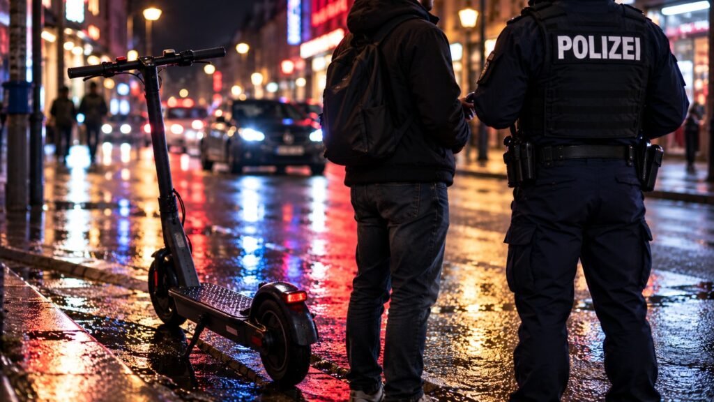 Scooter unter Alkohol: abgestellter E-Scooter am Bordstein, dahinter eine Polizeikontrolle bei Nacht