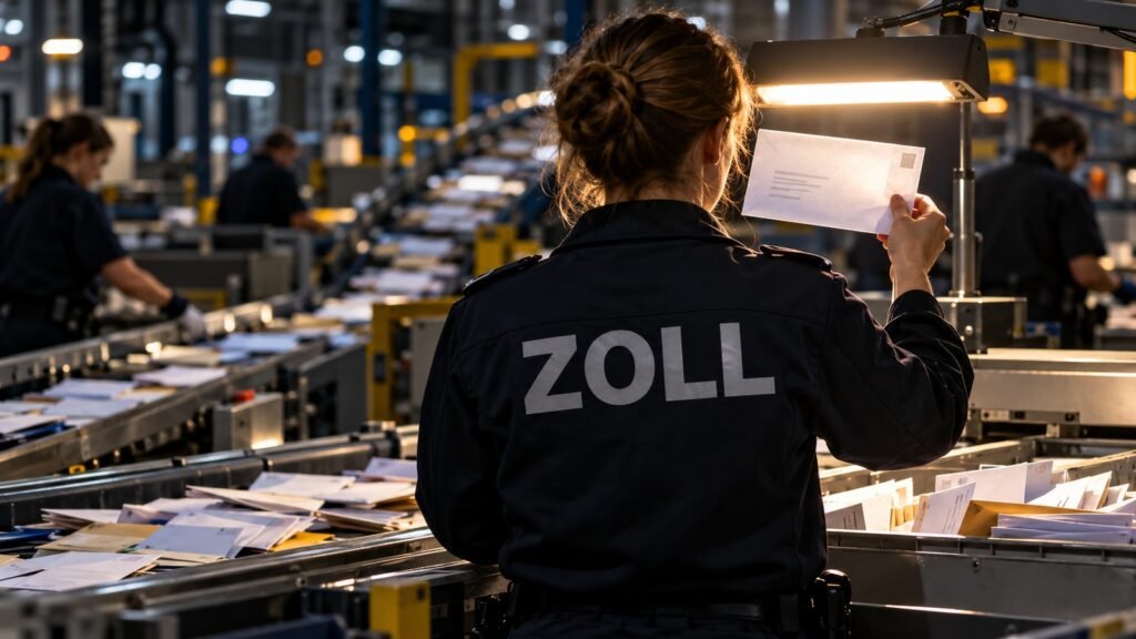Ecstasy-Pillen im Brief: Eine Zollbeamtin hält im Briefzentrum einen Umschlag gegen das Licht einer Arbeitslampe