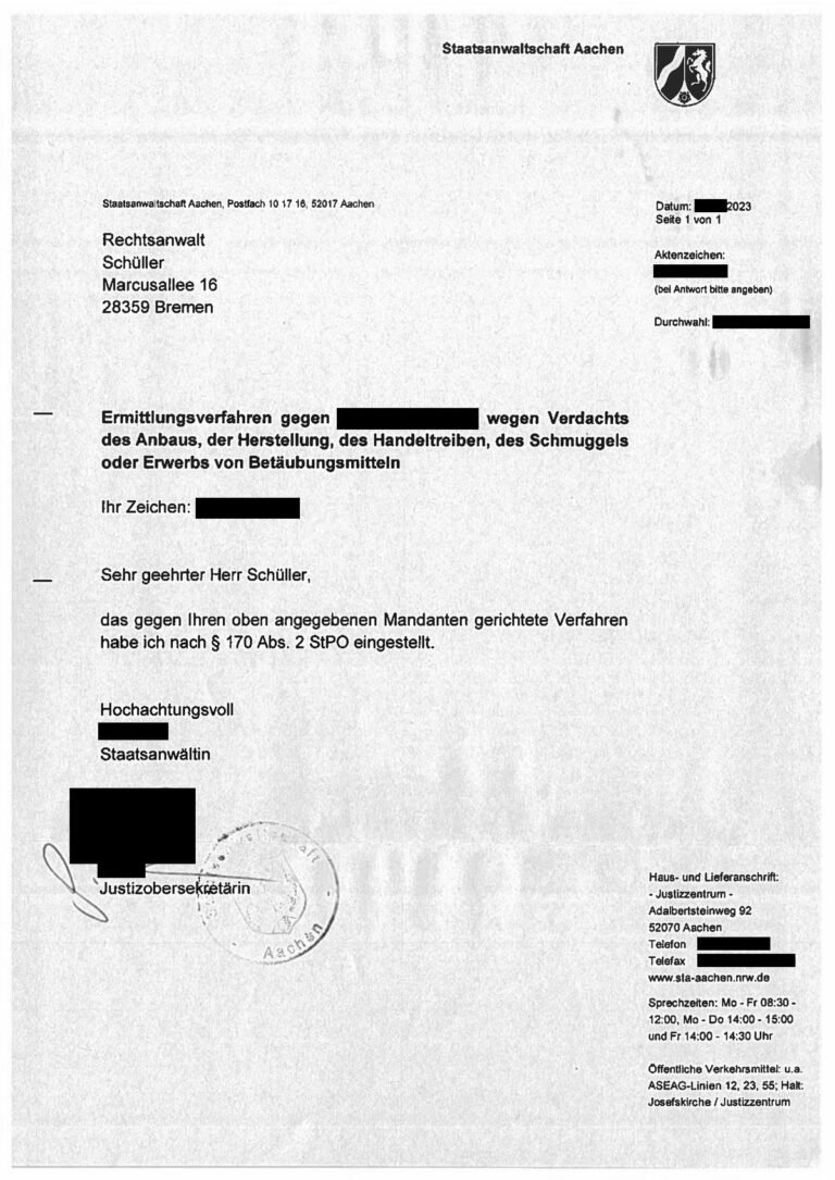 Einstellung nach § 170 Abs. 2 StPO, Staatsanwaltschaft Aachen, 2023 (geschwärzt)