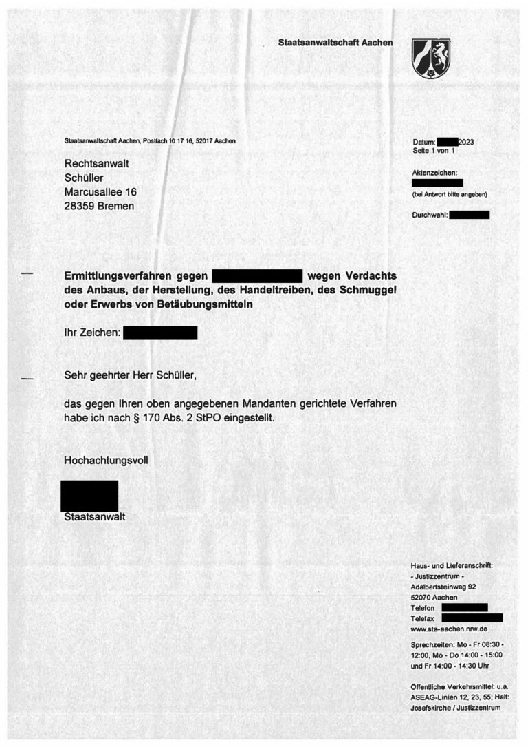 Einstellung nach § 170 Abs. 2 StPO, Staatsanwaltschaft Aachen, 2023 (geschwärzt)