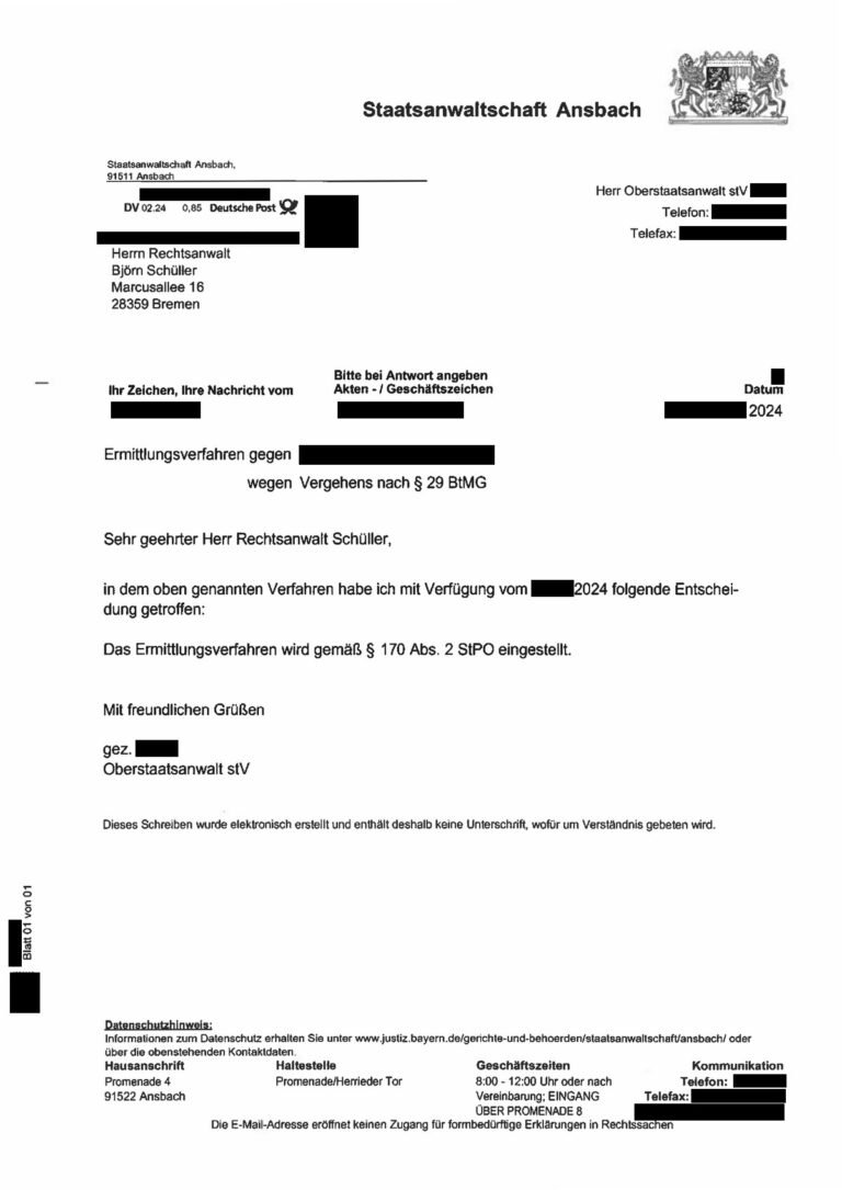 Einstellung nach § 170 Abs. 2 StPO, Staatsanwaltschaft Ansbach, 2024 (geschwärzt)