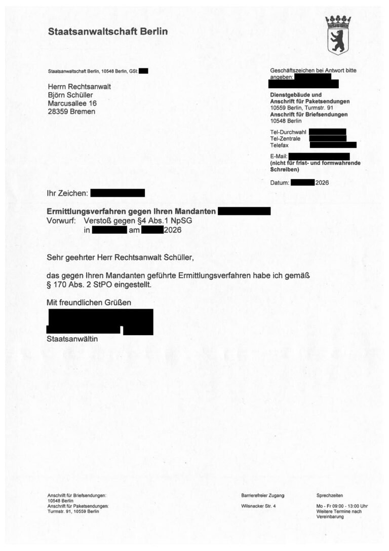 Einstellung nach § 170 Abs. 2 StPO, Staatsanwaltschaft Berlin, 2026 (geschwärzt)