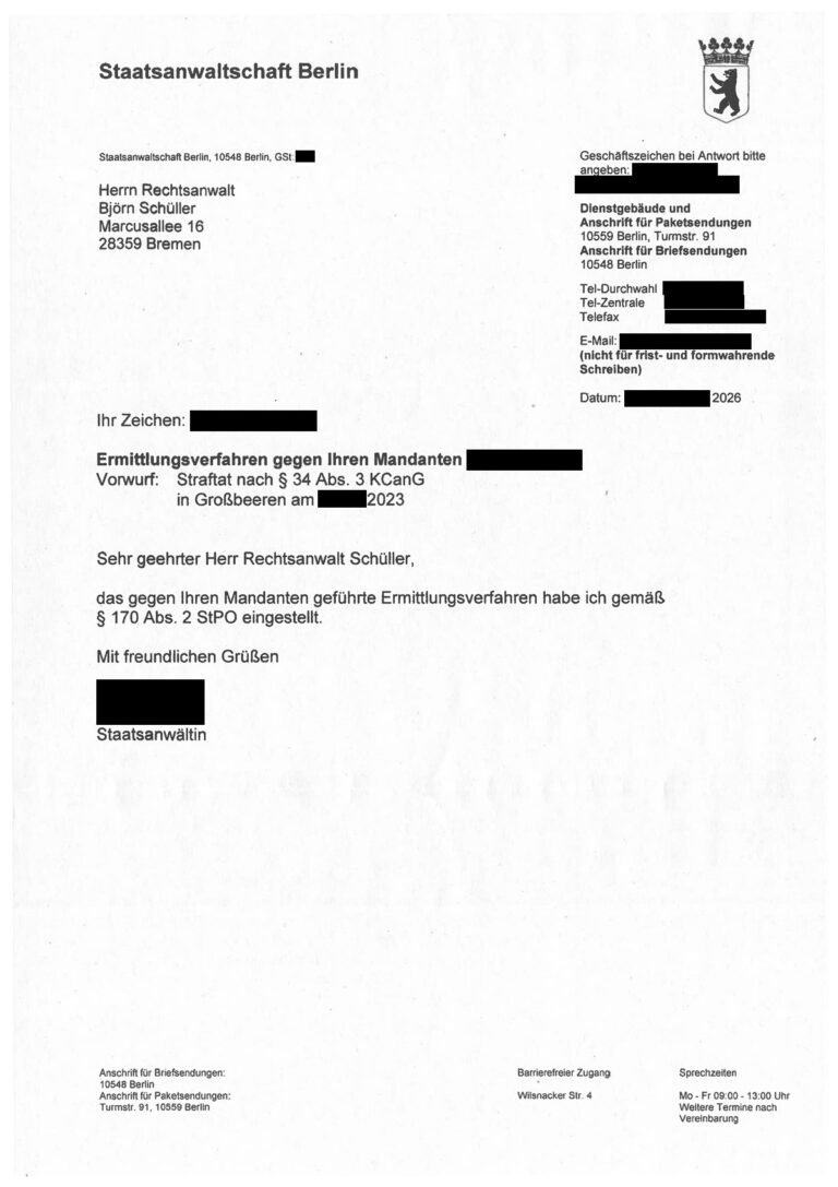 Einstellung nach § 170 Abs. 2 StPO, Staatsanwaltschaft Berlin, 2026 (geschwärzt)