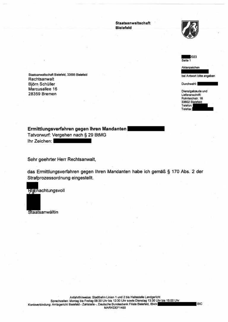 Einstellung nach § 170 Abs. 2 StPO, Staatsanwaltschaft Bielefeld, 2023 (geschwärzt)