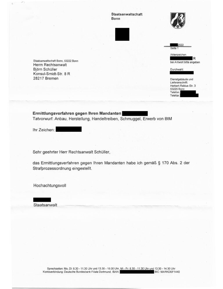 Einstellung nach § 170 Abs. 2 StPO, Staatsanwaltschaft Bonn, 2022 (geschwärzt)
