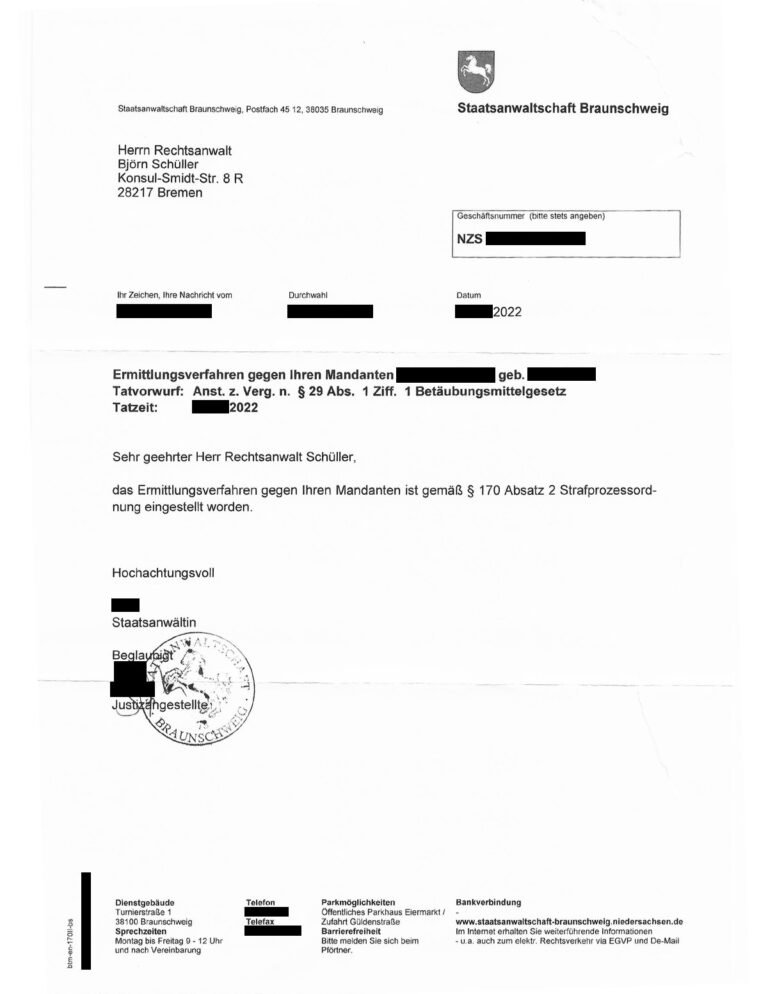 Einstellung nach § 170 Abs. 2 StPO, Staatsanwaltschaft Braunschweig, 2022 (geschwärzt)