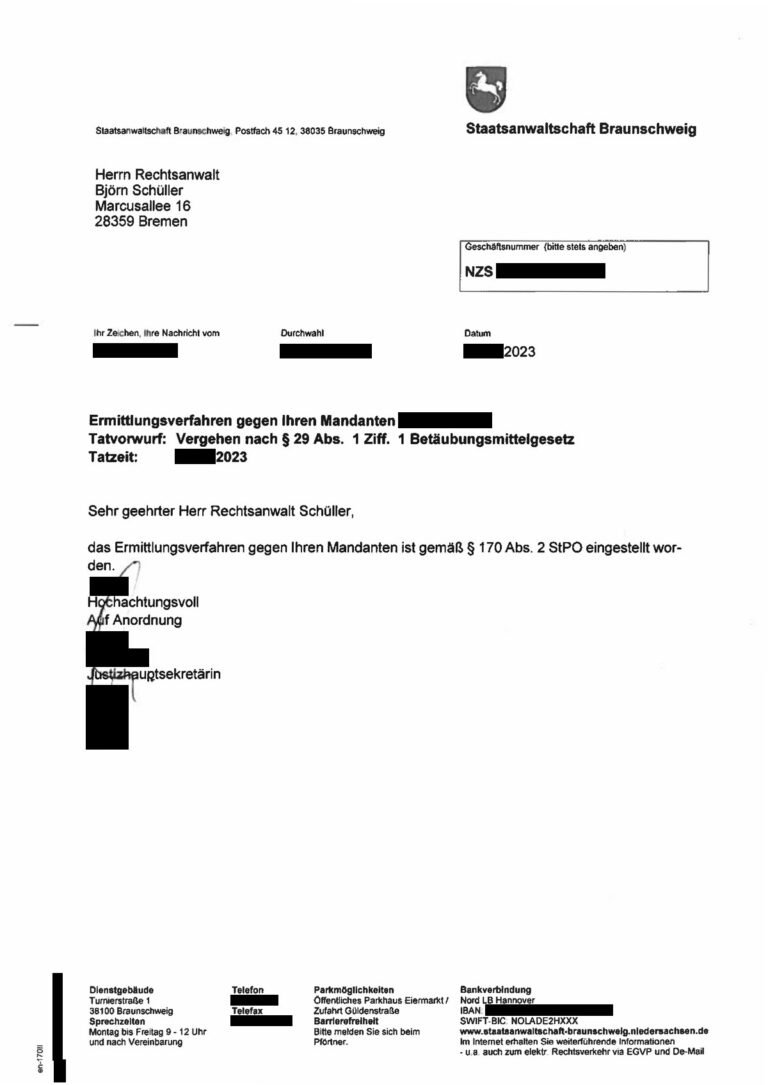 Einstellung nach § 170 Abs. 2 StPO, Staatsanwaltschaft Braunschweig, 2023 (geschwärzt)