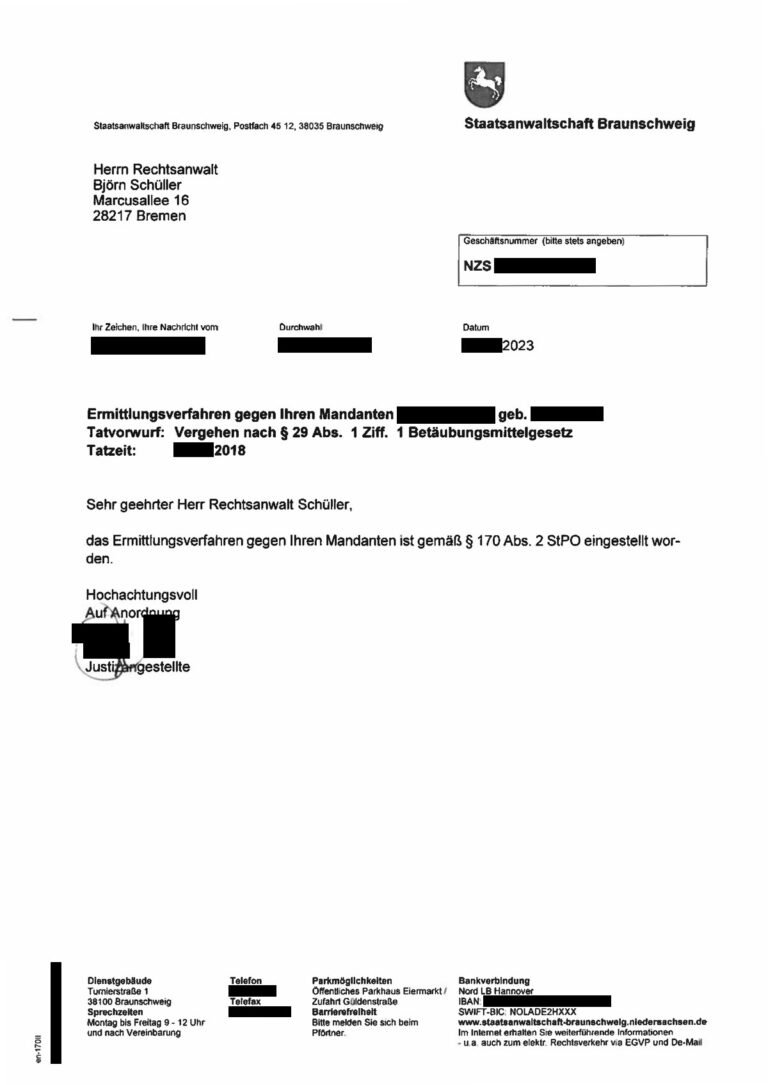 Einstellung nach § 170 Abs. 2 StPO, Staatsanwaltschaft Braunschweig, 2023 (geschwärzt)