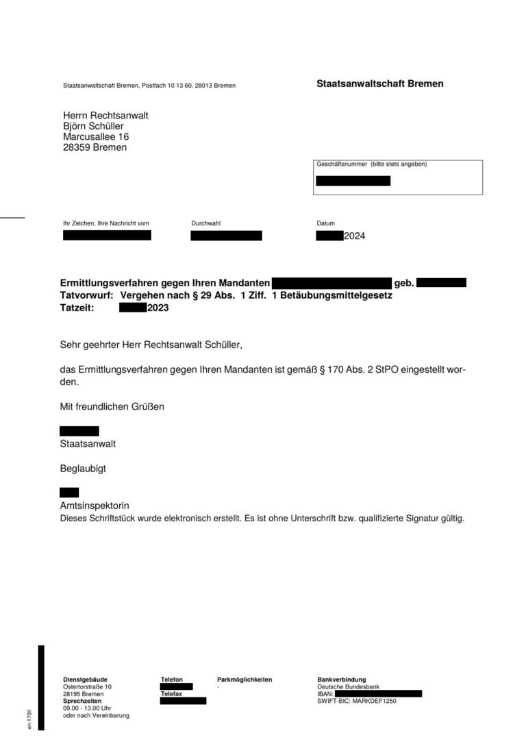 Einstellung nach § 170 Abs. 2 StPO, Staatsanwaltschaft Bremen, 2024 (geschwärzt)