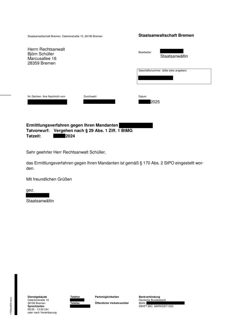 Einstellung nach § 170 Abs. 2 StPO, Staatsanwaltschaft Bremen, 2025 (geschwärzt)