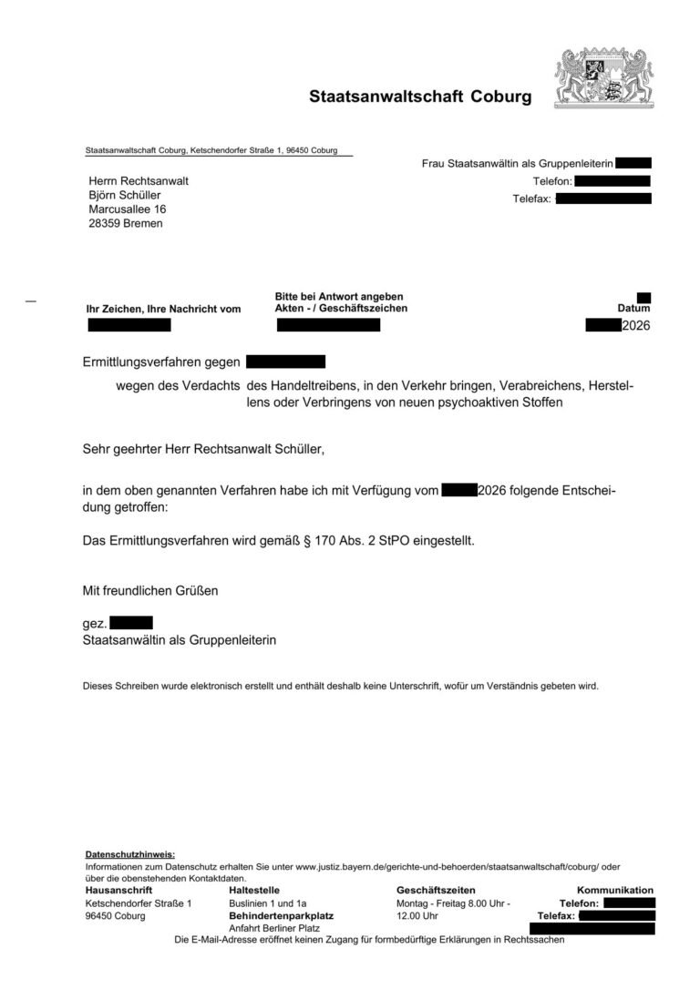 Einstellung nach § 170 Abs. 2 StPO, Staatsanwaltschaft Coburg, 2026 (geschwärzt)