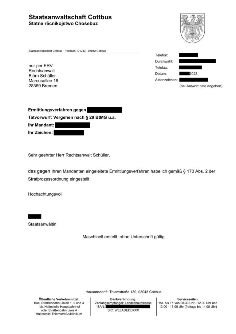 Einstellung nach § 170 Abs. 2 StPO, Staatsanwaltschaft Cottbus, 2023 (geschwärzt)