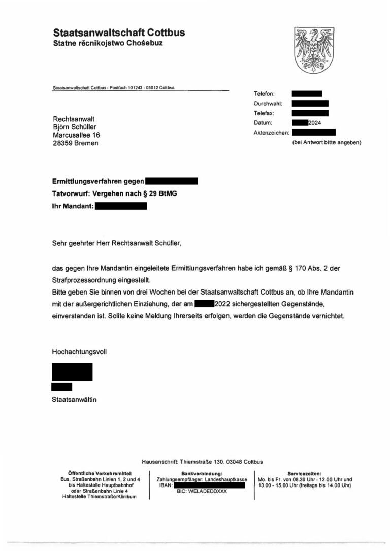 Einstellung nach § 170 Abs. 2 StPO, Staatsanwaltschaft Cottbus, 2024 (geschwärzt)
