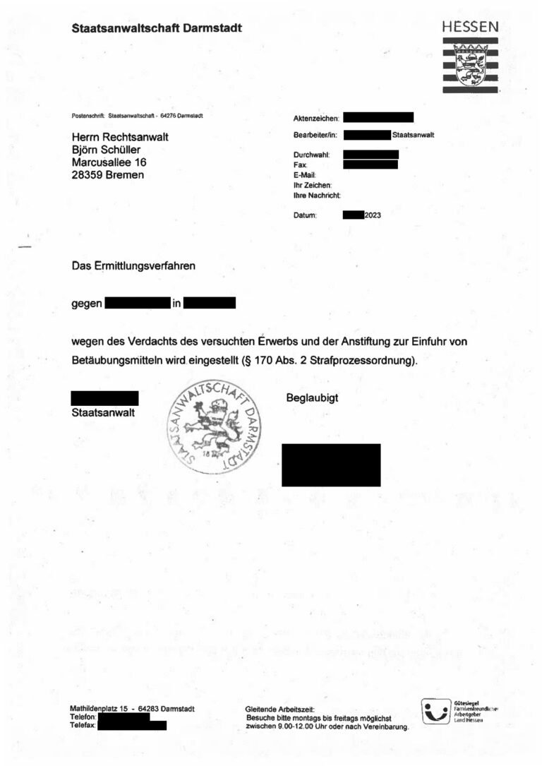 Einstellung nach § 170 Abs. 2 StPO, Staatsanwaltschaft Darmstadt, 2023 (geschwärzt)
