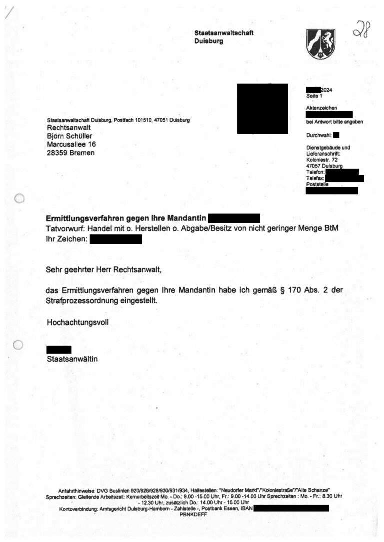 Einstellung nach § 170 Abs. 2 StPO, Staatsanwaltschaft Duisburg, 2024 (geschwärzt)