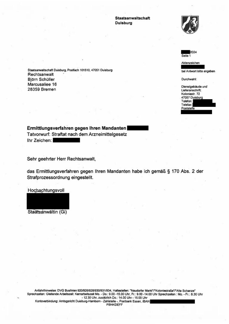 Einstellung nach § 170 Abs. 2 StPO, Staatsanwaltschaft Duisburg, 2024 (geschwärzt)