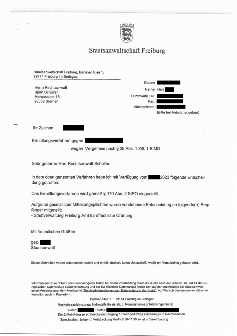 Einstellung nach § 170 Abs. 2 StPO, Staatsanwaltschaft Freiburg, 2023 (geschwärzt)