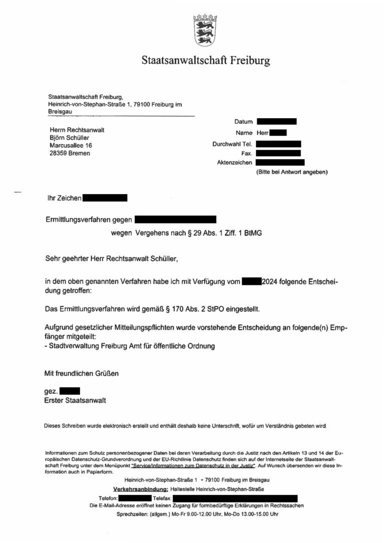 Einstellung nach § 170 Abs. 2 StPO, Staatsanwaltschaft Freiburg, 2024 (geschwärzt)
