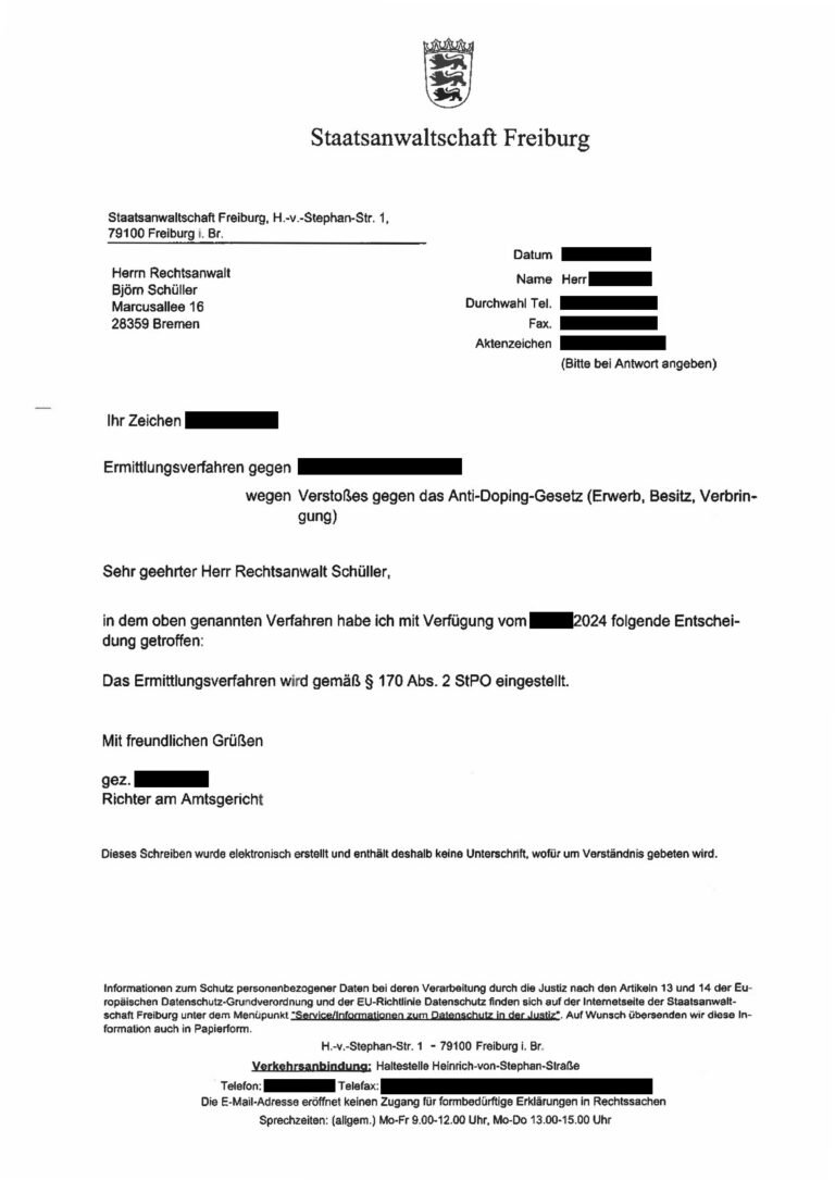 Einstellung nach § 170 Abs. 2 StPO, Staatsanwaltschaft Freiburg, 2024 (geschwärzt)