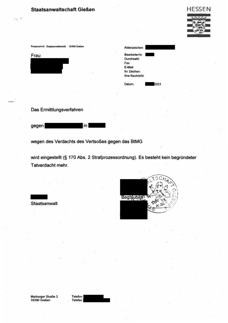 Einstellung nach § 170 Abs. 2 StPO, Staatsanwaltschaft Gießen, 2023 (geschwärzt)