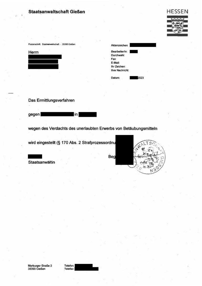 Einstellung nach § 170 Abs. 2 StPO, Staatsanwaltschaft Gießen, 2023 (geschwärzt)