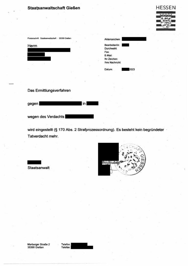 Einstellung nach § 170 Abs. 2 StPO, Staatsanwaltschaft Gießen, 2023 (geschwärzt)