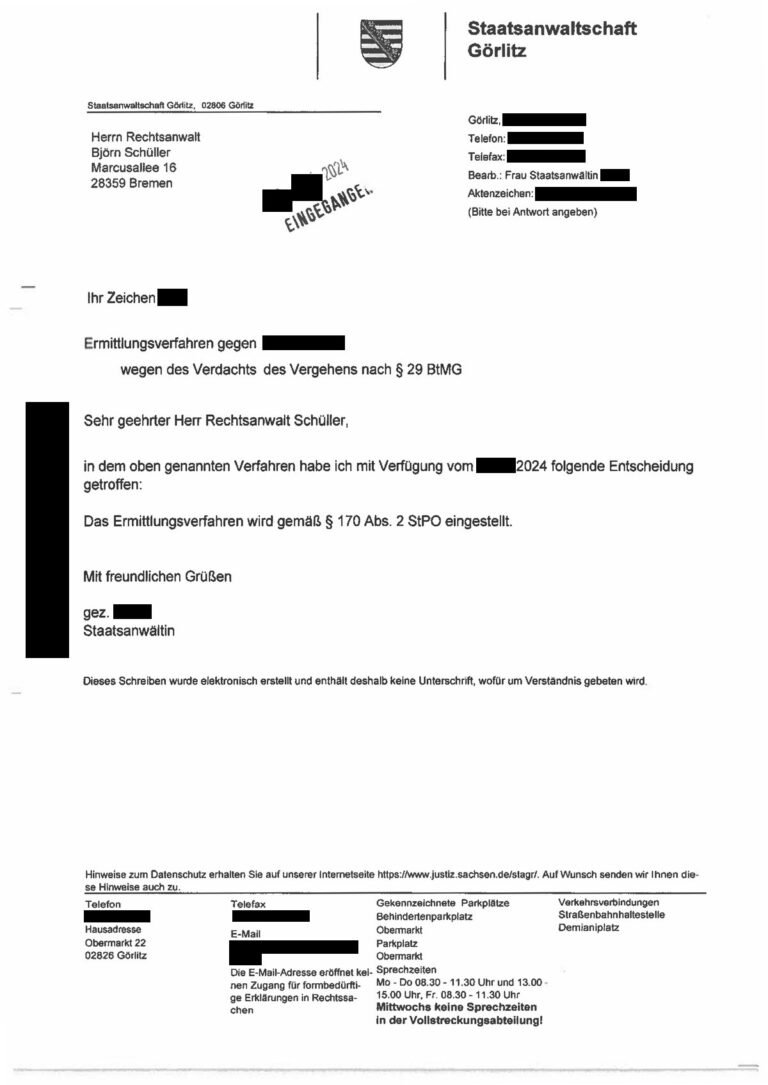 Einstellung nach § 170 Abs. 2 StPO, Staatsanwaltschaft Görlitz, 2024 (geschwärzt)