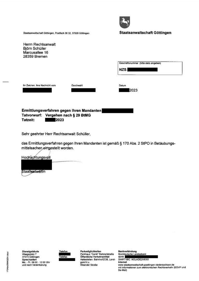 Einstellung nach § 170 Abs. 2 StPO, Staatsanwaltschaft Göttingen, 2023 (geschwärzt)