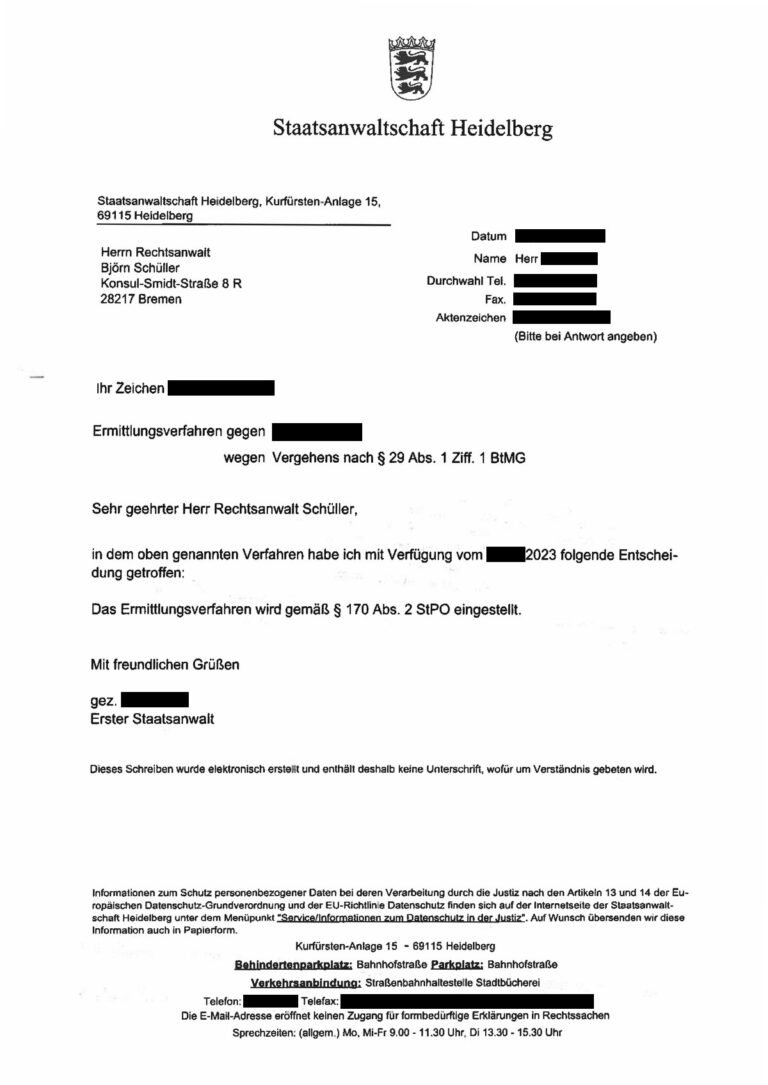 Einstellung nach § 170 Abs. 2 StPO, Staatsanwaltschaft Heidelberg, 2023 (geschwärzt)