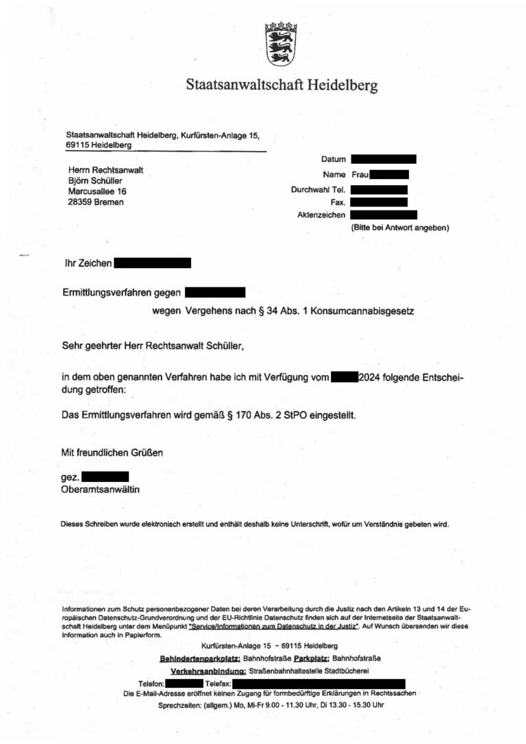 Einstellung nach § 170 Abs. 2 StPO, Staatsanwaltschaft Heidelberg, 2024 (geschwärzt)