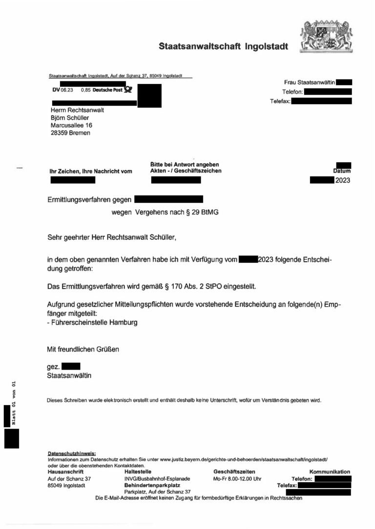 Einstellung nach § 170 Abs. 2 StPO, Staatsanwaltschaft Ingolstadt, 2023 (geschwärzt)
