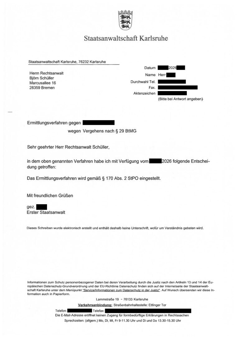 Einstellung nach § 170 Abs. 2 StPO, Staatsanwaltschaft Karlsruhe, 2026 (geschwärzt)