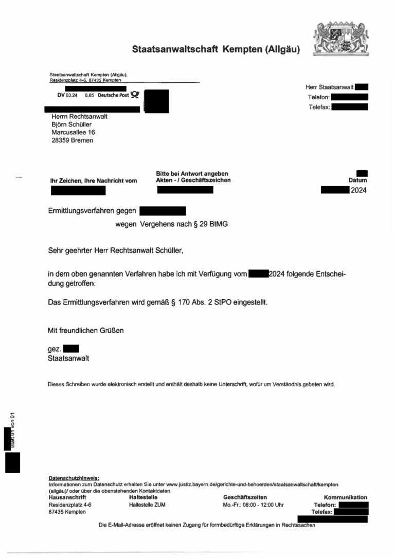 Einstellung nach § 170 Abs. 2 StPO, Staatsanwaltschaft Kempten, 2024 (geschwärzt)