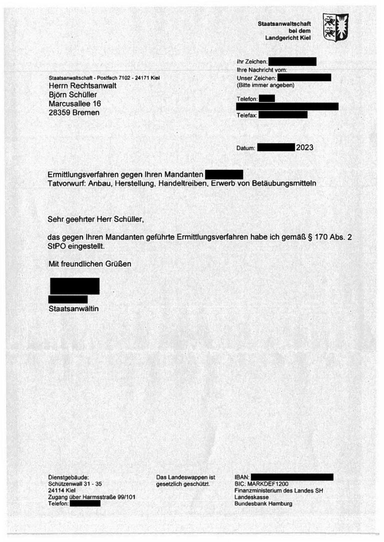 Einstellung nach § 170 Abs. 2 StPO, Staatsanwaltschaft Kiel, 2023 (geschwärzt)