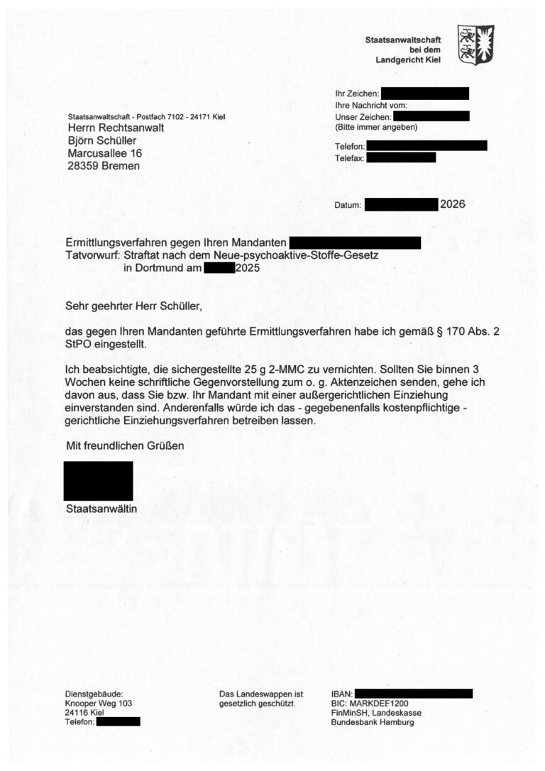 Einstellung nach § 170 Abs. 2 StPO, Staatsanwaltschaft Kiel, 2026 (geschwärzt)