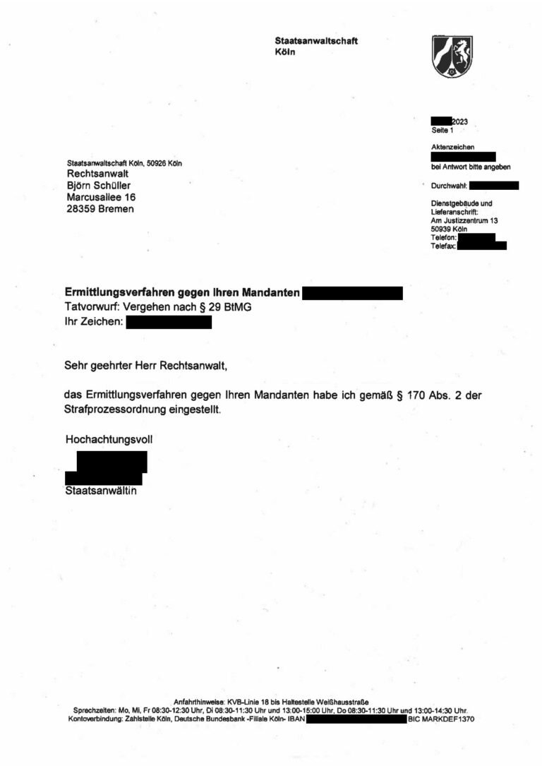 Einstellung nach § 170 Abs. 2 StPO, Staatsanwaltschaft Köln, 2023 (geschwärzt)