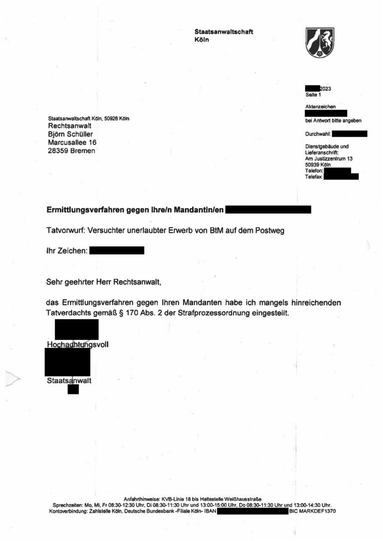 Einstellung nach § 170 Abs. 2 StPO, Staatsanwaltschaft Köln, 2023 (geschwärzt)