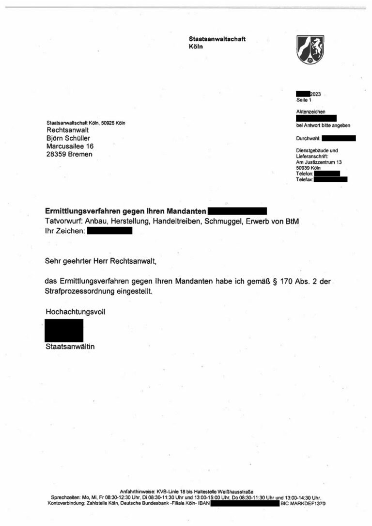Einstellung nach § 170 Abs. 2 StPO, Staatsanwaltschaft Köln, 2023 (geschwärzt)