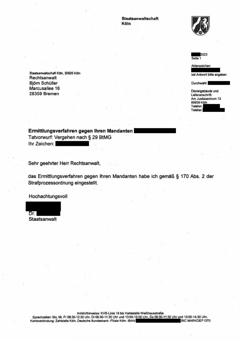 Einstellung nach § 170 Abs. 2 StPO, Staatsanwaltschaft Köln, 2023 (geschwärzt)