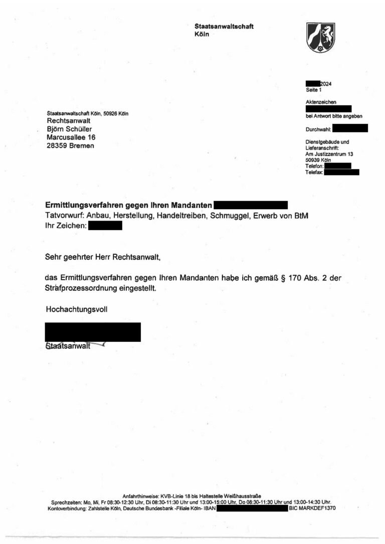 Einstellung nach § 170 Abs. 2 StPO, Staatsanwaltschaft Köln, 2024 (geschwärzt)