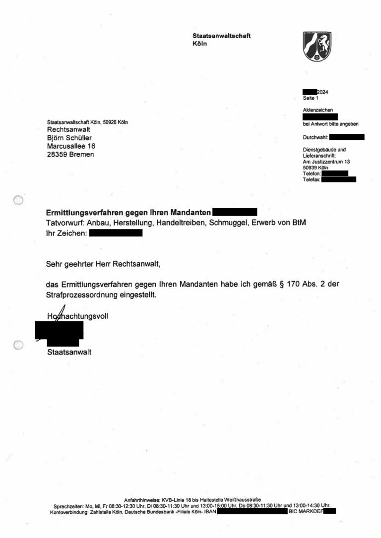 Einstellung nach § 170 Abs. 2 StPO, Staatsanwaltschaft Köln, 2024 (geschwärzt)