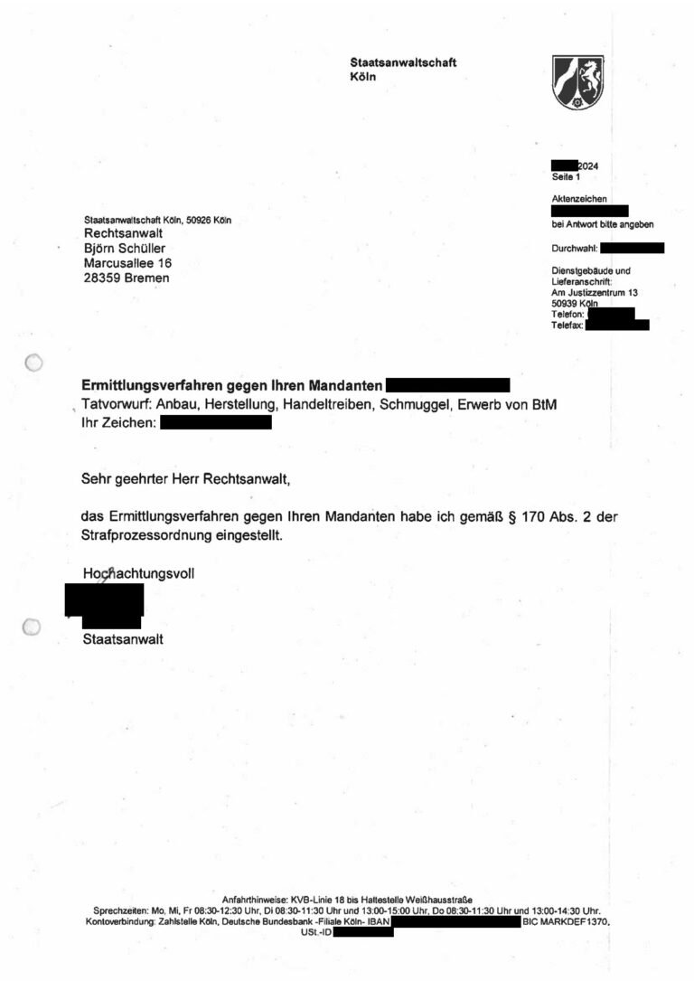 Einstellung nach § 170 Abs. 2 StPO, Staatsanwaltschaft Köln, 2024 (geschwärzt)