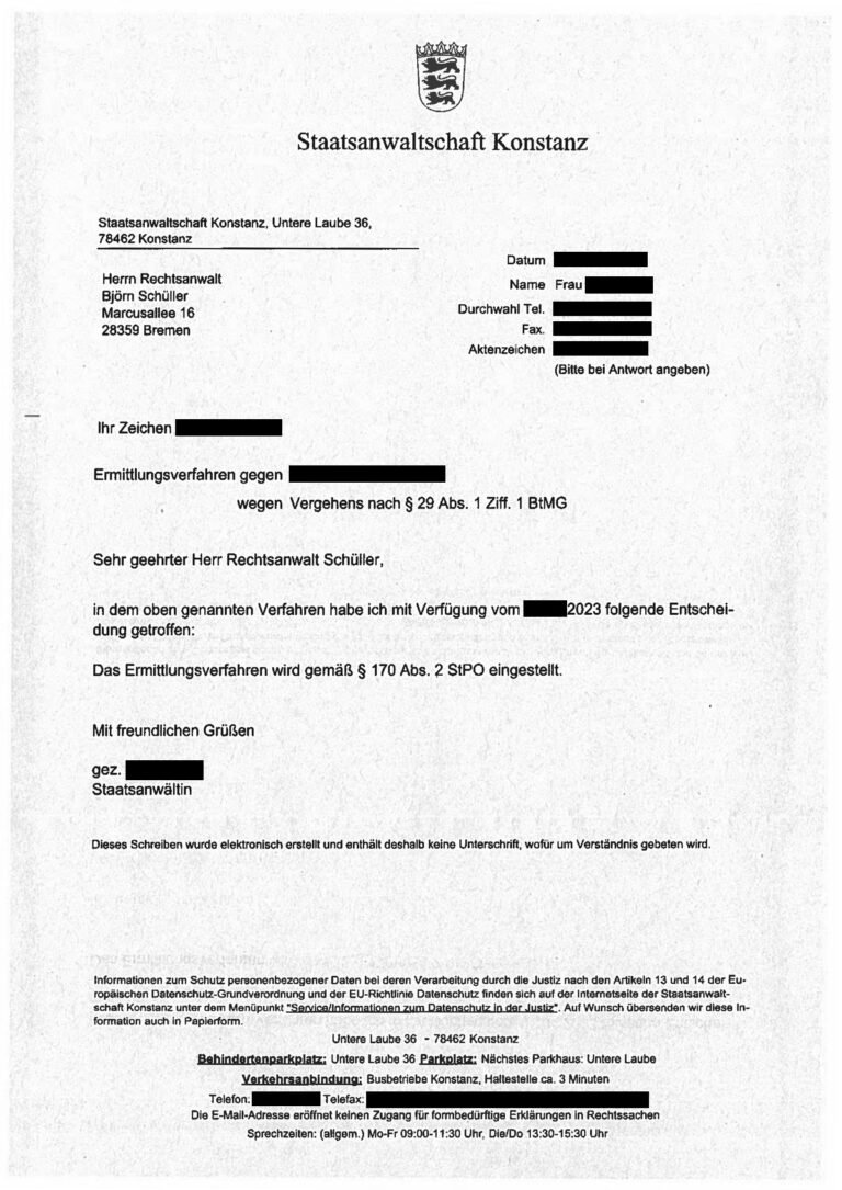 Einstellung nach § 170 Abs. 2 StPO, Staatsanwaltschaft Konstanz, 2023 (geschwärzt)