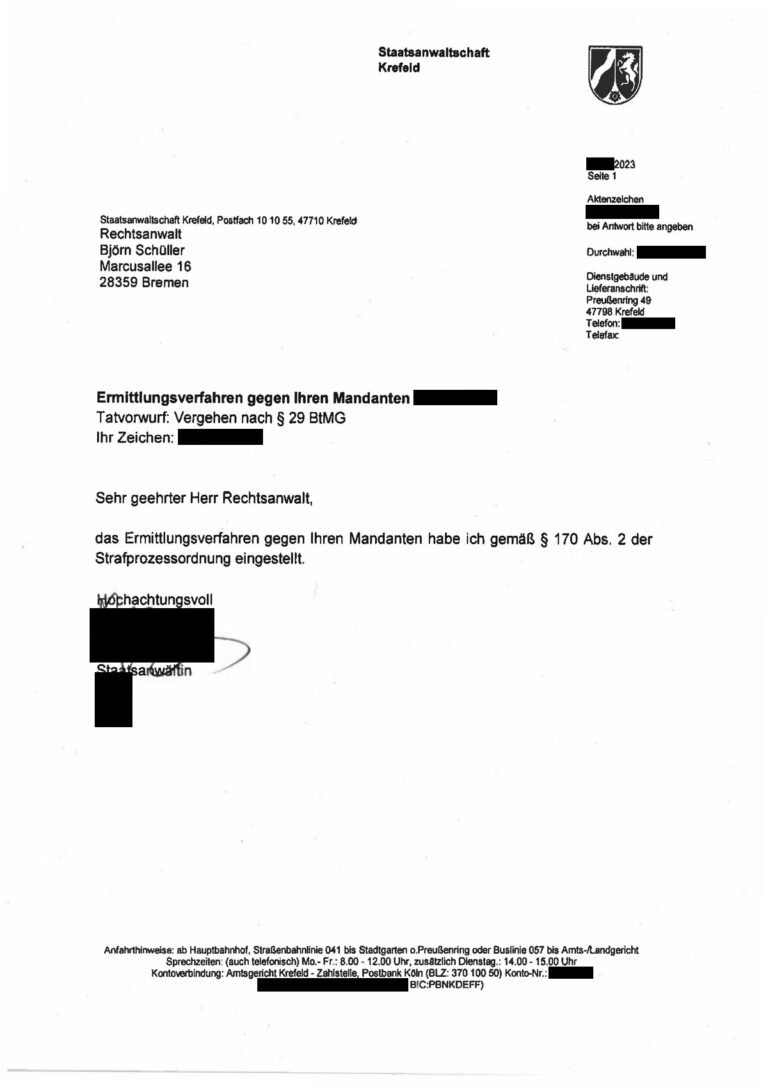 Einstellung nach § 170 Abs. 2 StPO, Staatsanwaltschaft Krefeld, 2023 (geschwärzt)